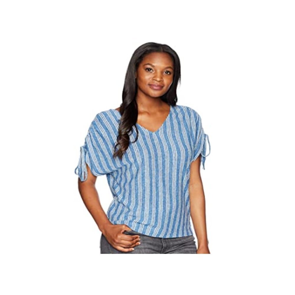 Lucky Brand Womens Size XS Tie Sleeve Striped Blouse Linen Blend Blue White 642